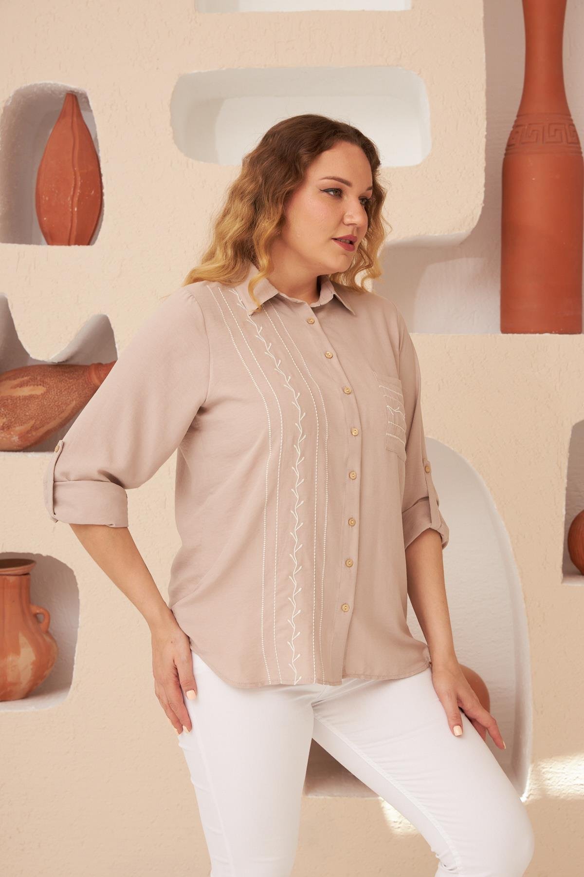 6145 Beige Дамска риза в макси размери